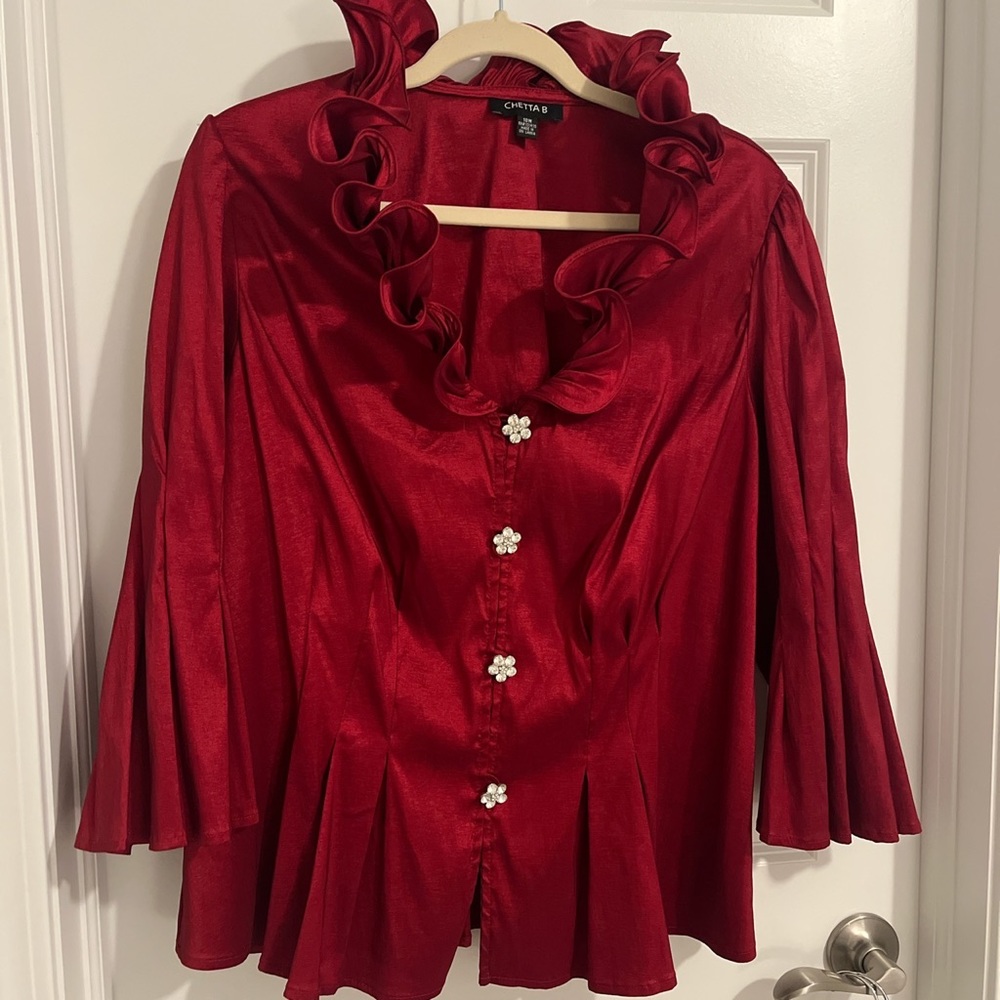 Cherry Red Formal Blouse with Ruffle and Rhinestone Detail